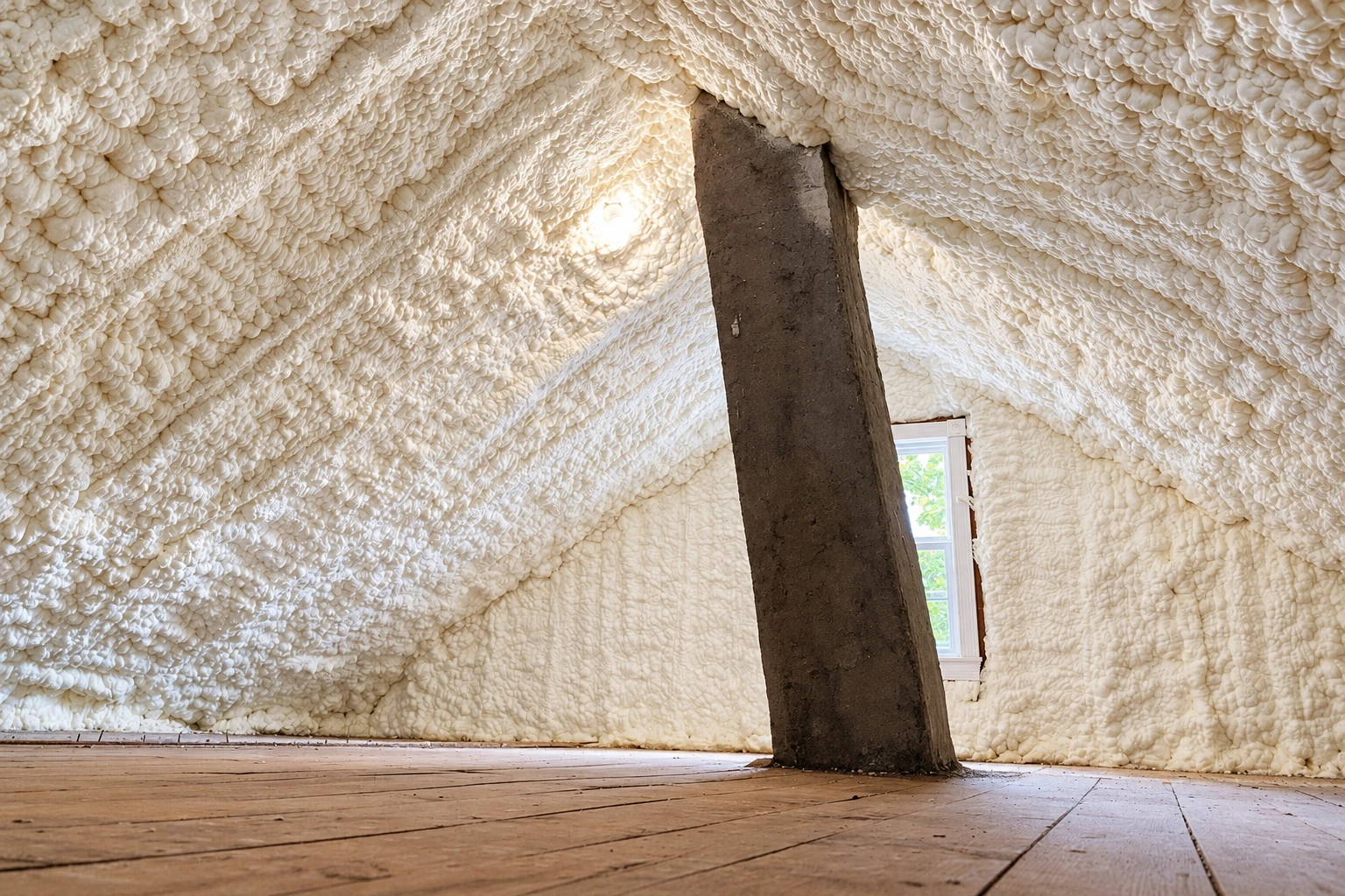 A sloped attic is coated in thick white spray foam around a central support post and small window.