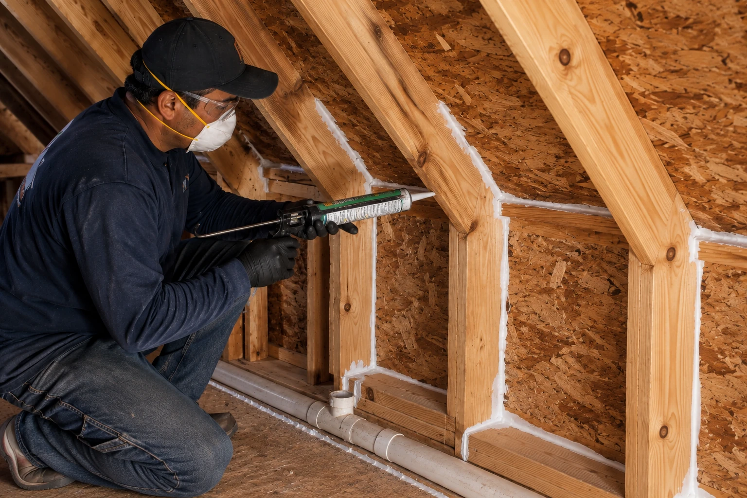 A masked worker applies foam sealant along wooden attic framing with a caulking gun.