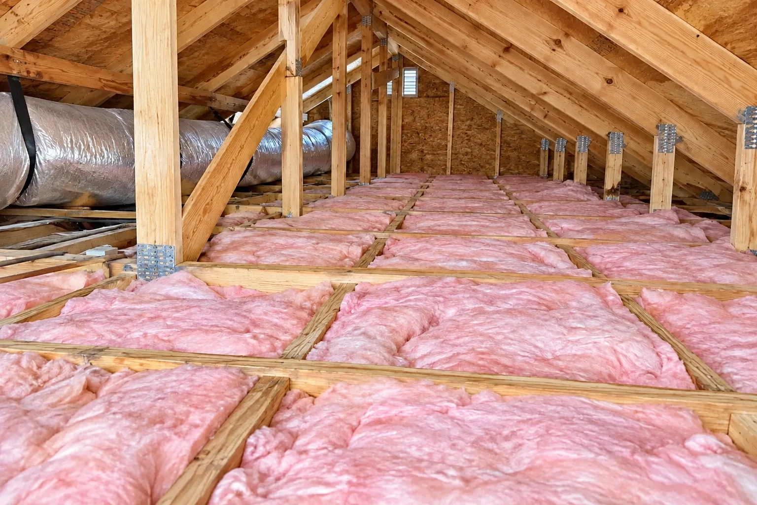 Pink batt insulation fills the attic floor between wooden joists beneath exposed roof trusses.
