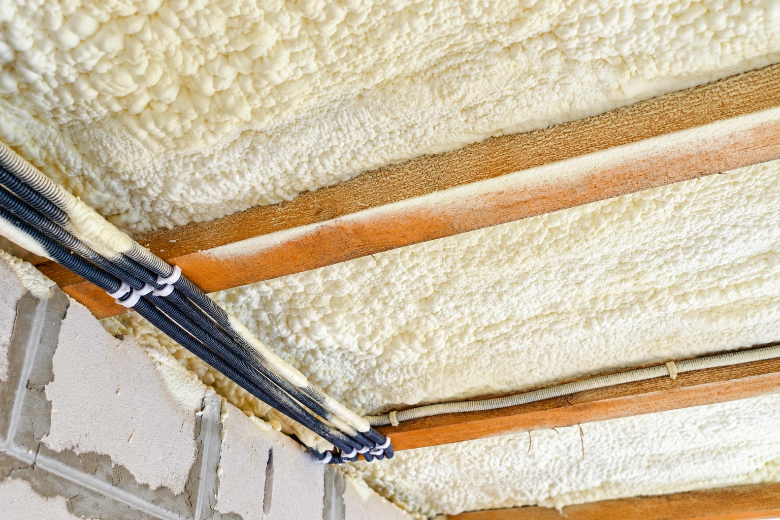 White spray foam fills the roof framing around exposed wooden beams and bundled black cables.