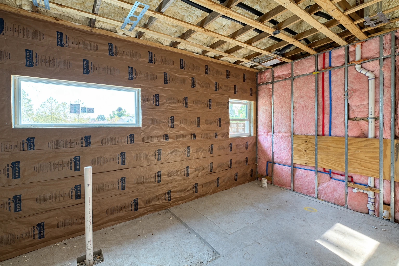 Partly insulated unfinished room with pink batts in one wall, foil-faced insulation on another, and exposed ceiling framing.