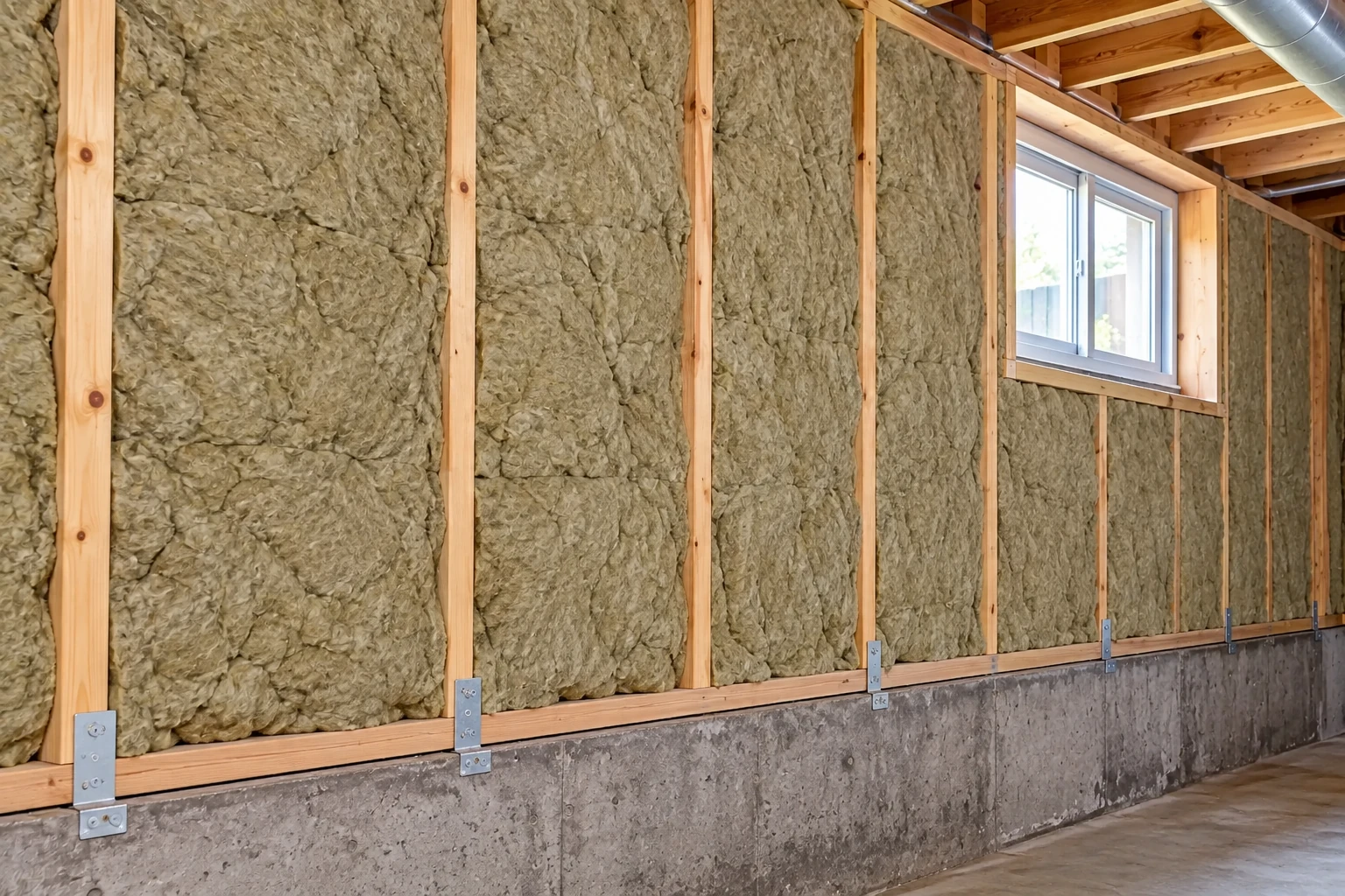Basement wall insulation fills wooden framing above a concrete foundation, with a small window and exposed ceiling joists.