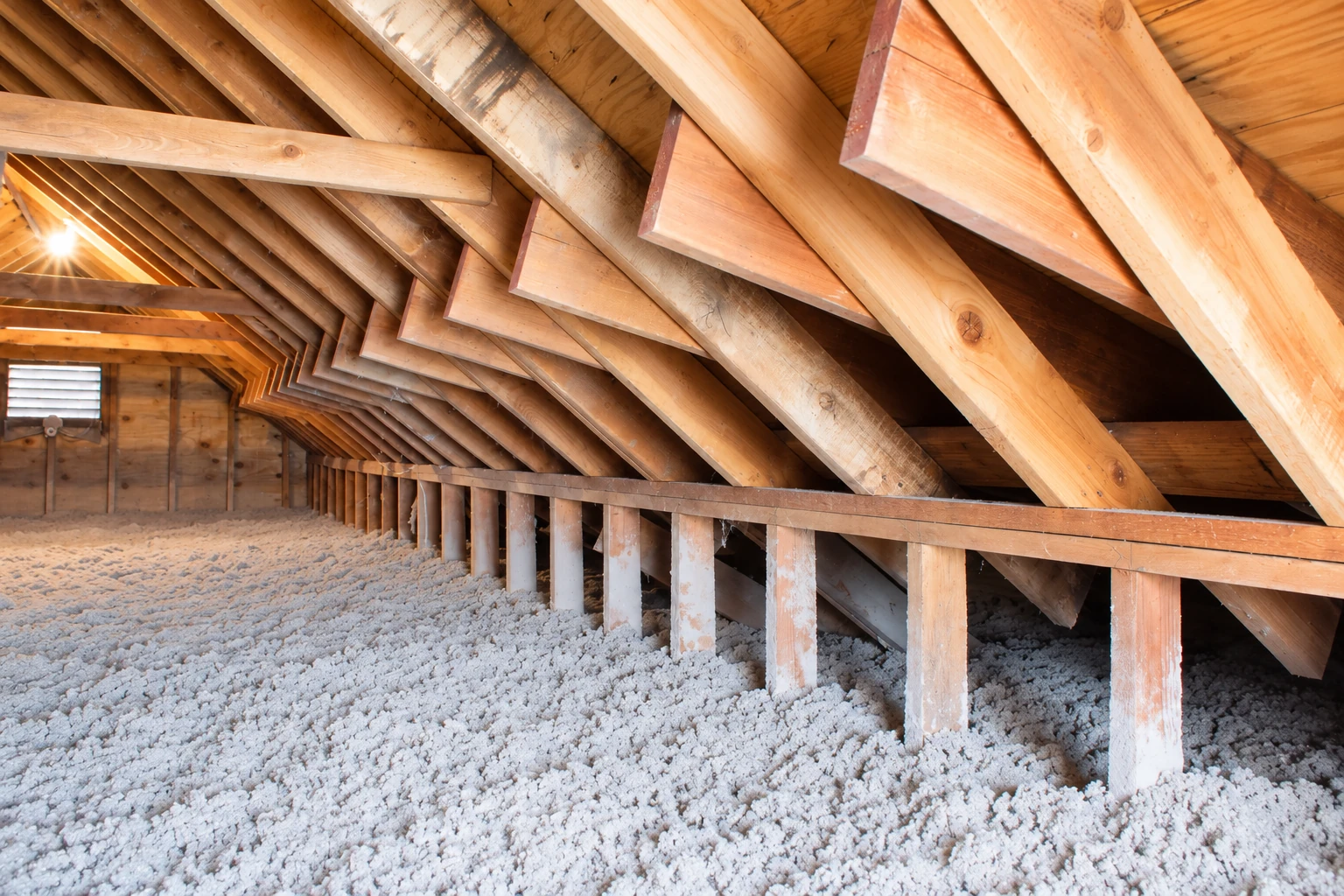 Loose-fill insulation blankets an attic floor beneath exposed wooden roof trusses.