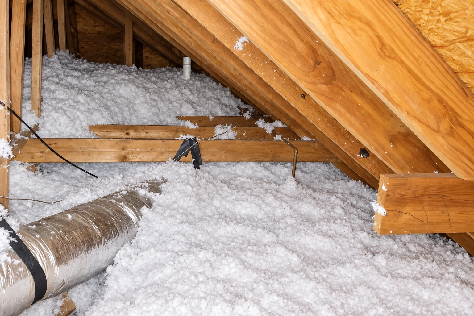 Loose white blown-in insulation covers an attic floor around exposed wooden rafters and a metal air duct.