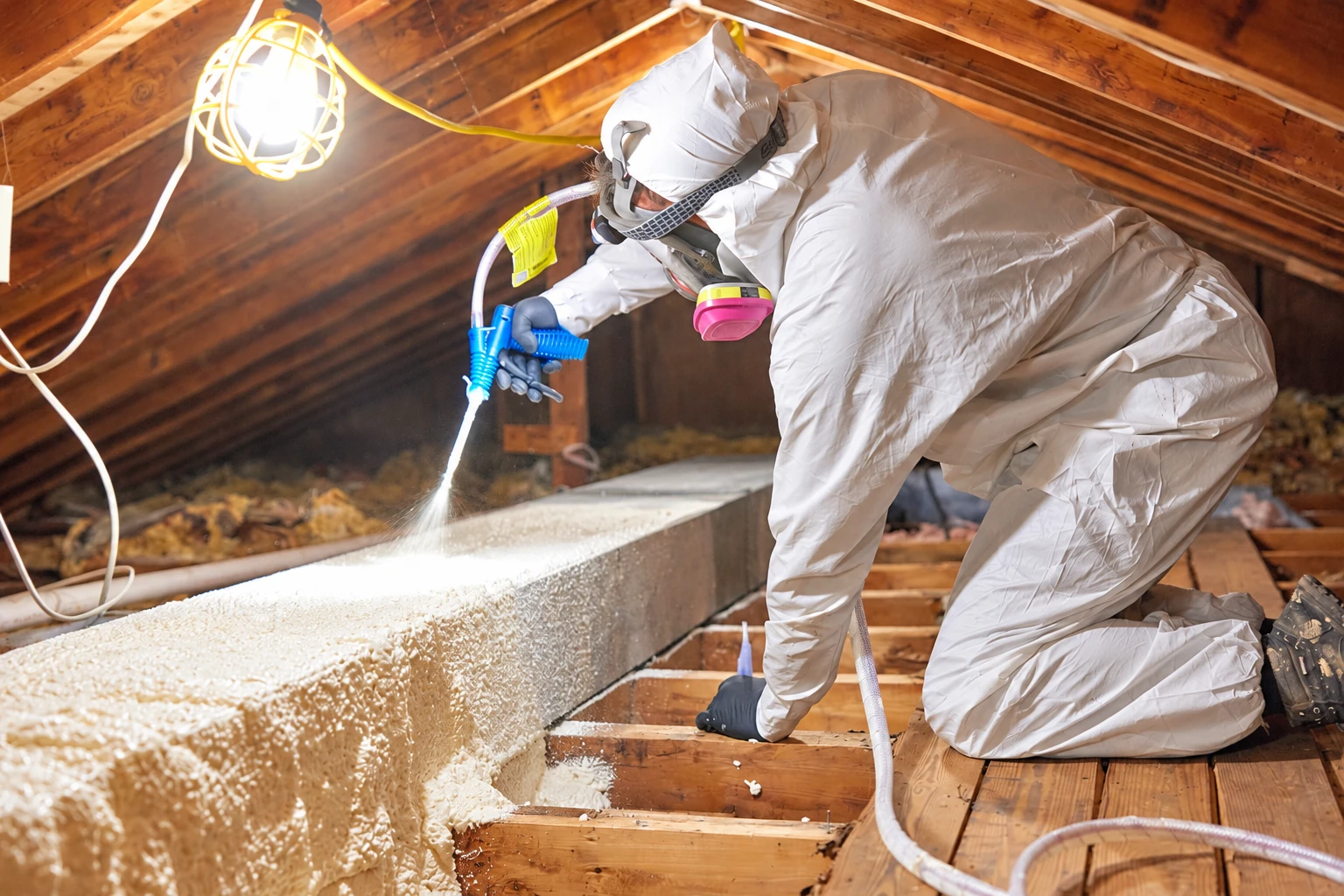 A worker in protective gear sprays foam insulation onto a beam in an attic.