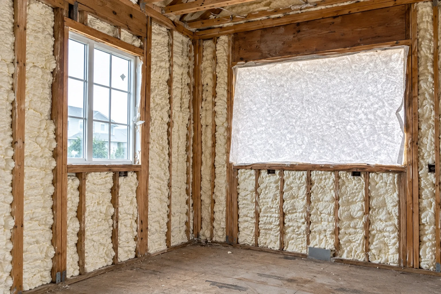 White closed-cell spray foam fills the cavities between exposed wooden studs in an unfinished room with windows.