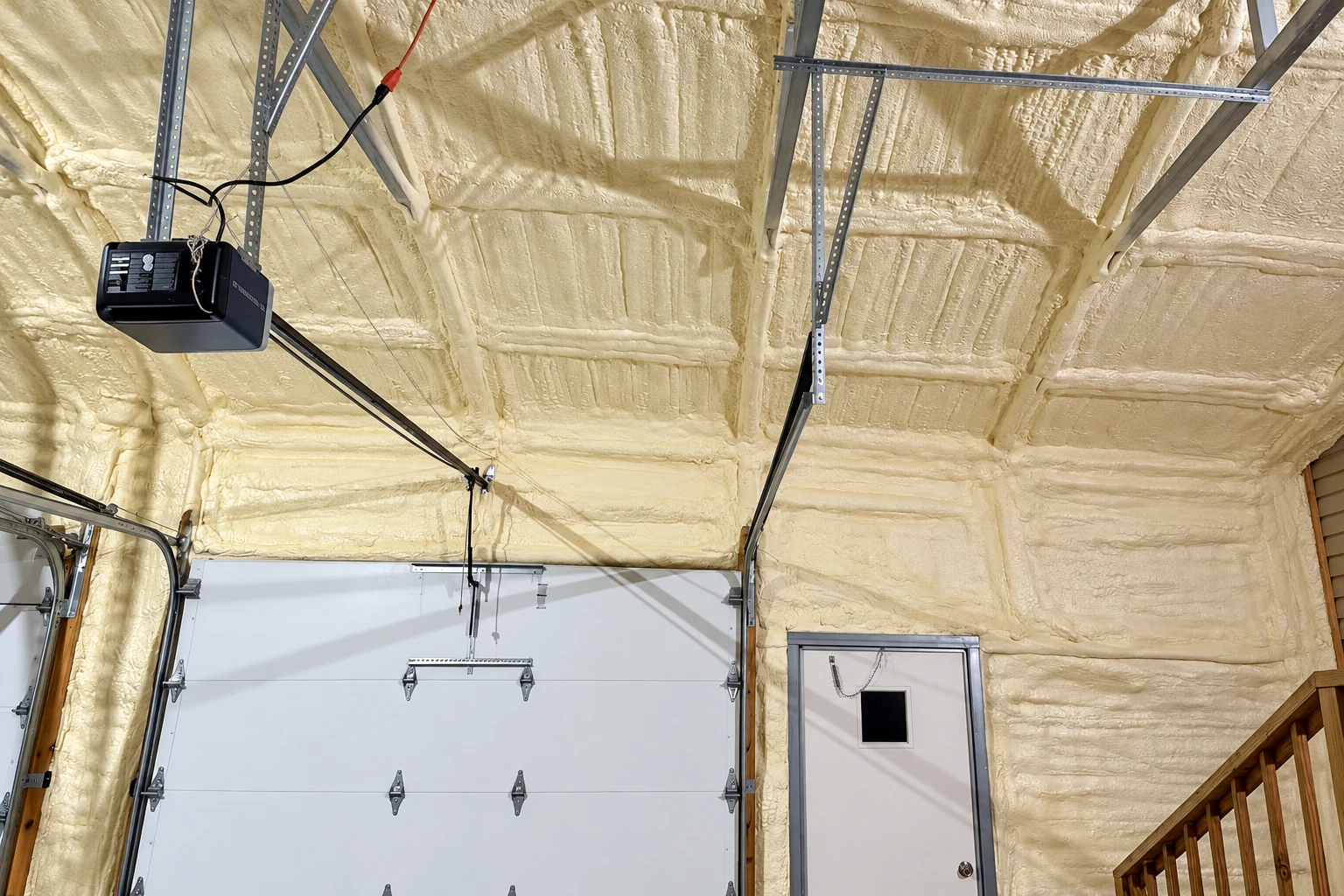 Spray foam insulation covers the ceiling and walls of a commercial garage around metal supports and a large door.