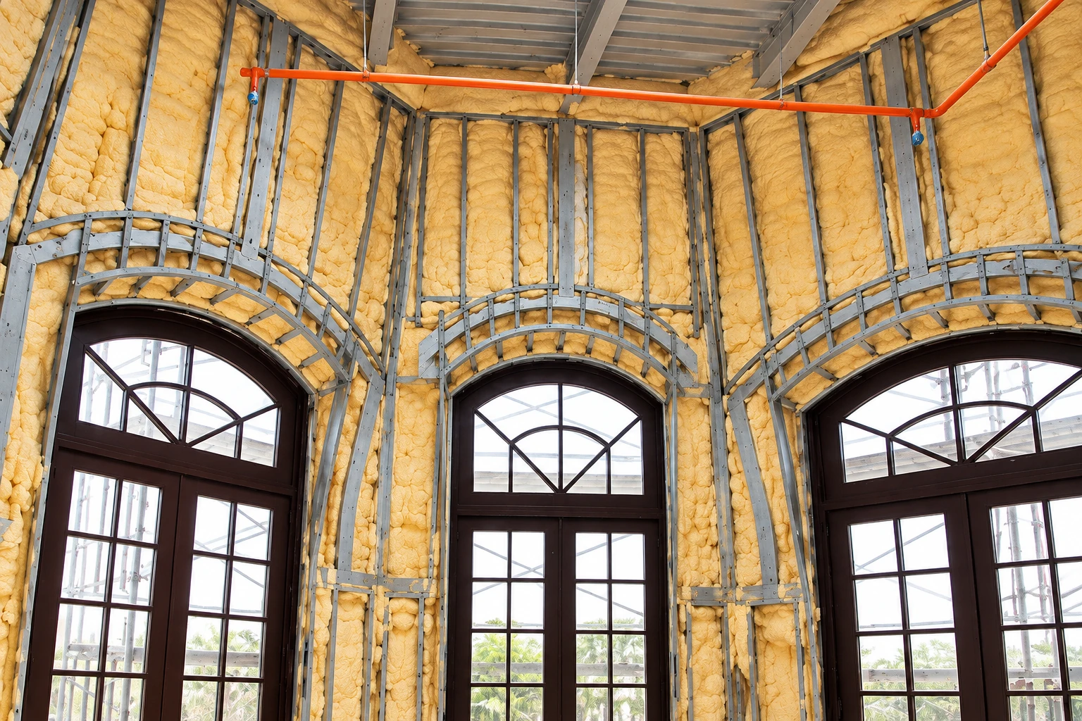 Yellow spray foam fills the metal wall framing around three tall arched windows in a commercial interior.
