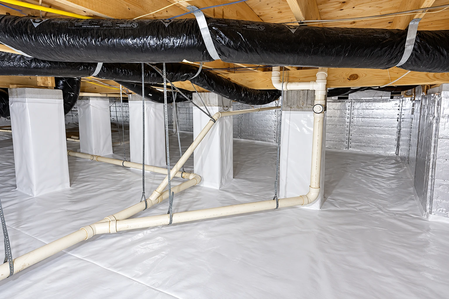 A crawl space has a white vapor barrier across the floor, insulated walls, black ductwork, and exposed plumbing.