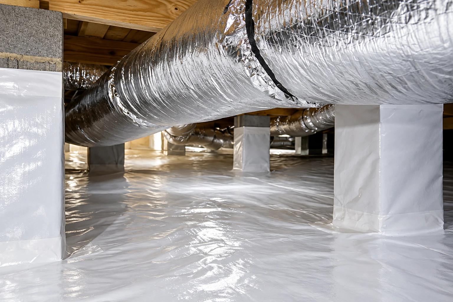 A crawl space has shiny white vapor barrier covering the floor and support posts beneath silver ductwork.