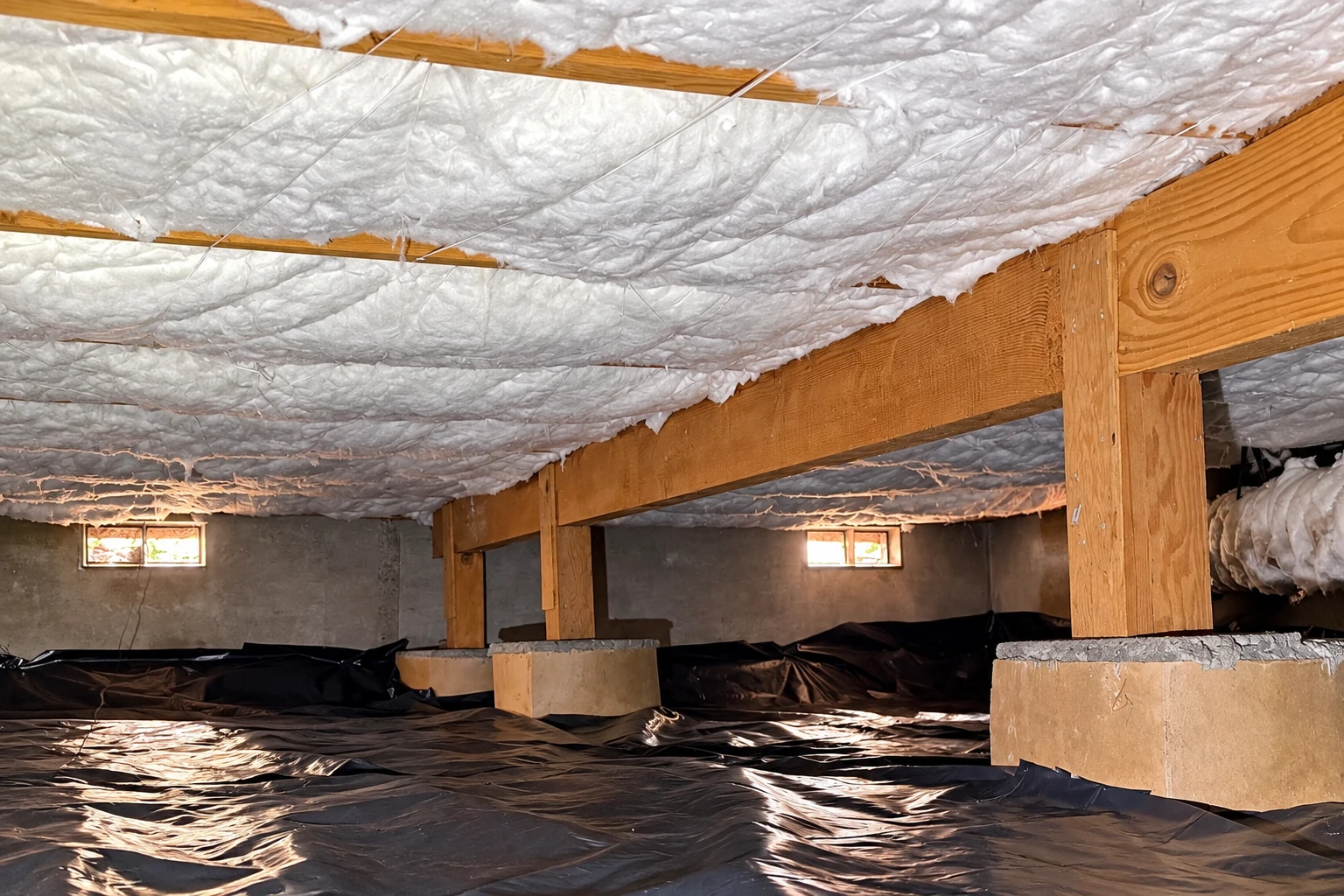 Crawl space with black plastic vapor barrier covering the ground and white insulation beneath the floor joists.