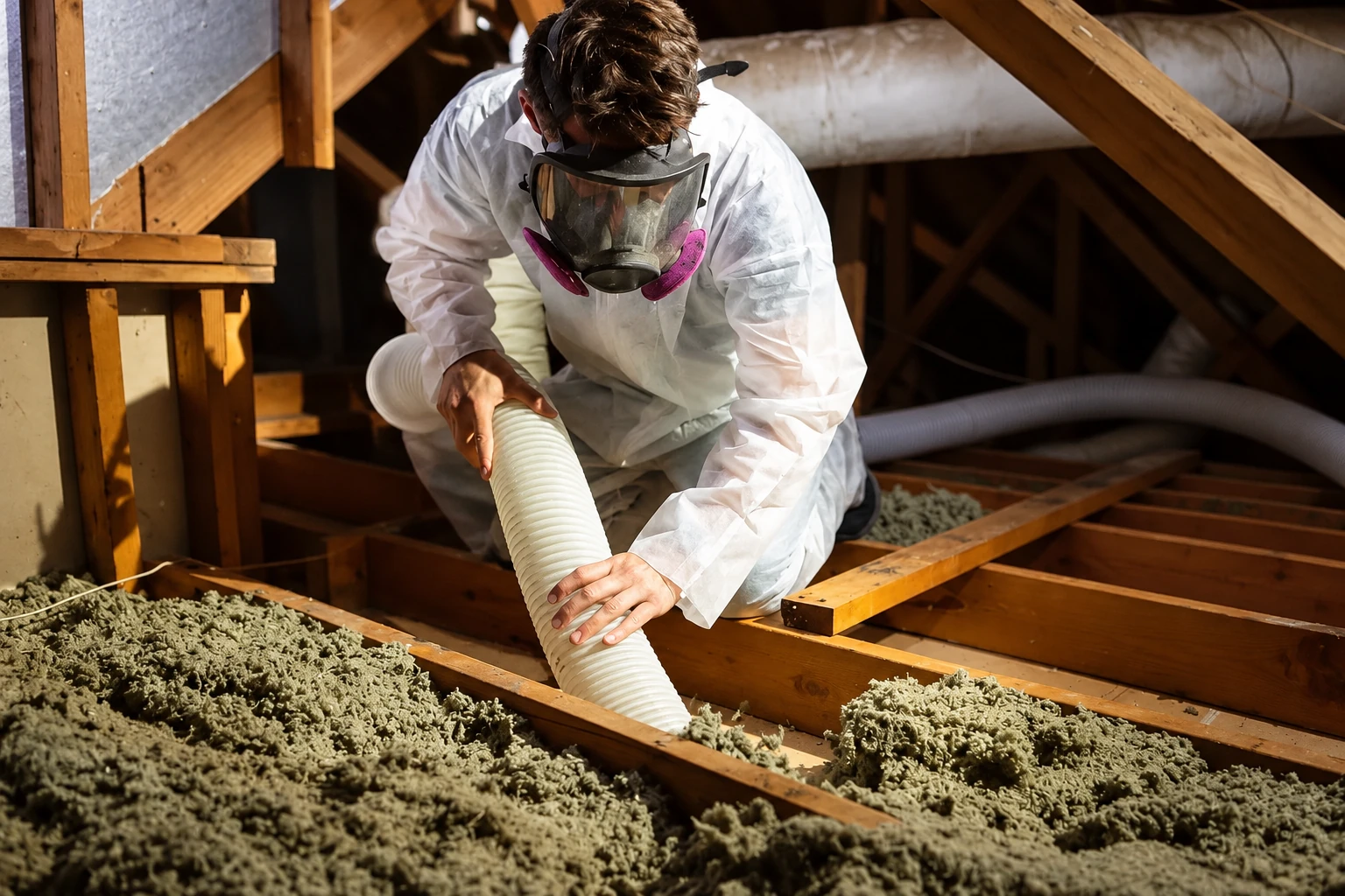 A worker in protective gear guides a large hose through loose attic insulation during removal.