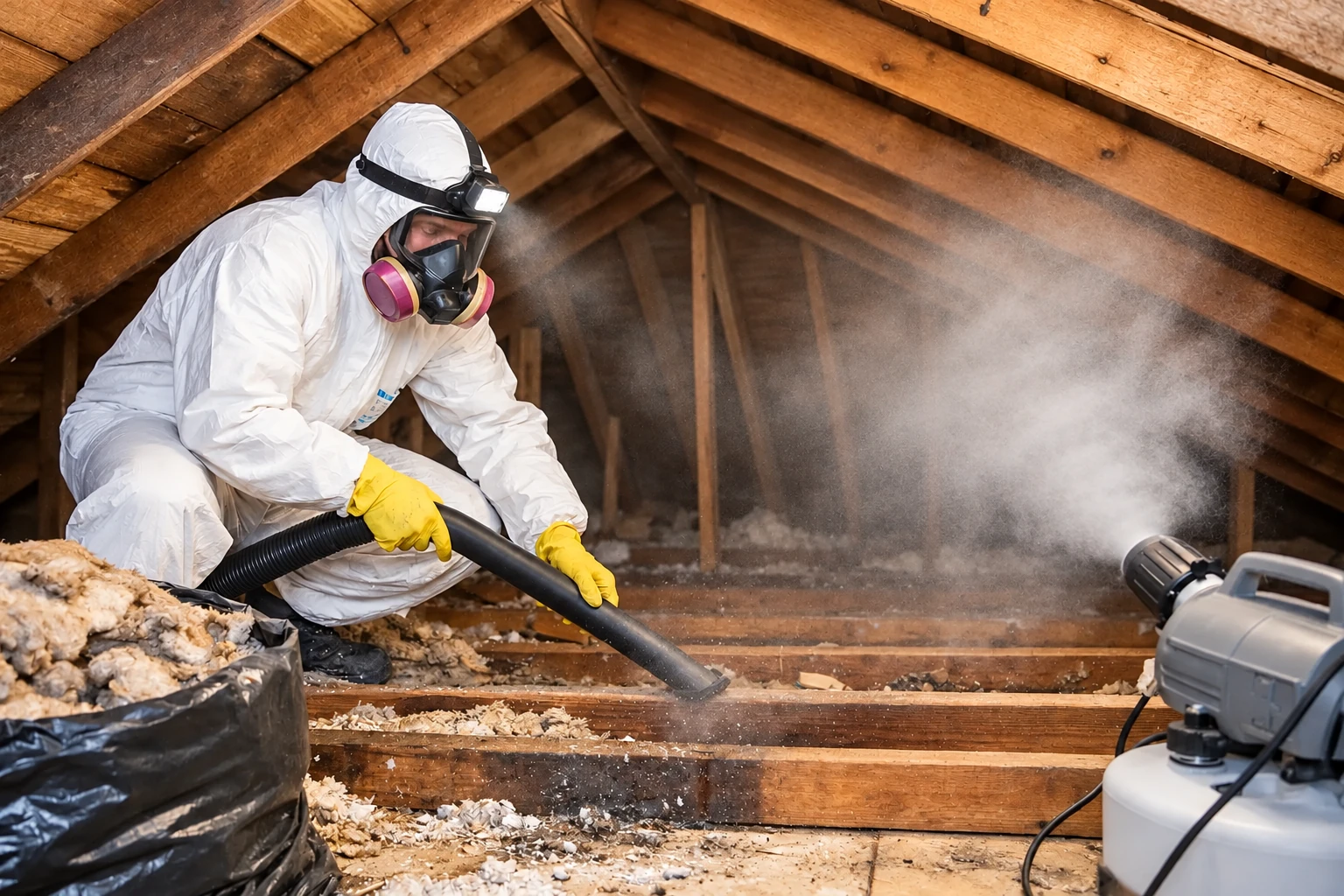 Worker in protective gear vacuums old attic insulation into a hose as dust rises around the rafters.