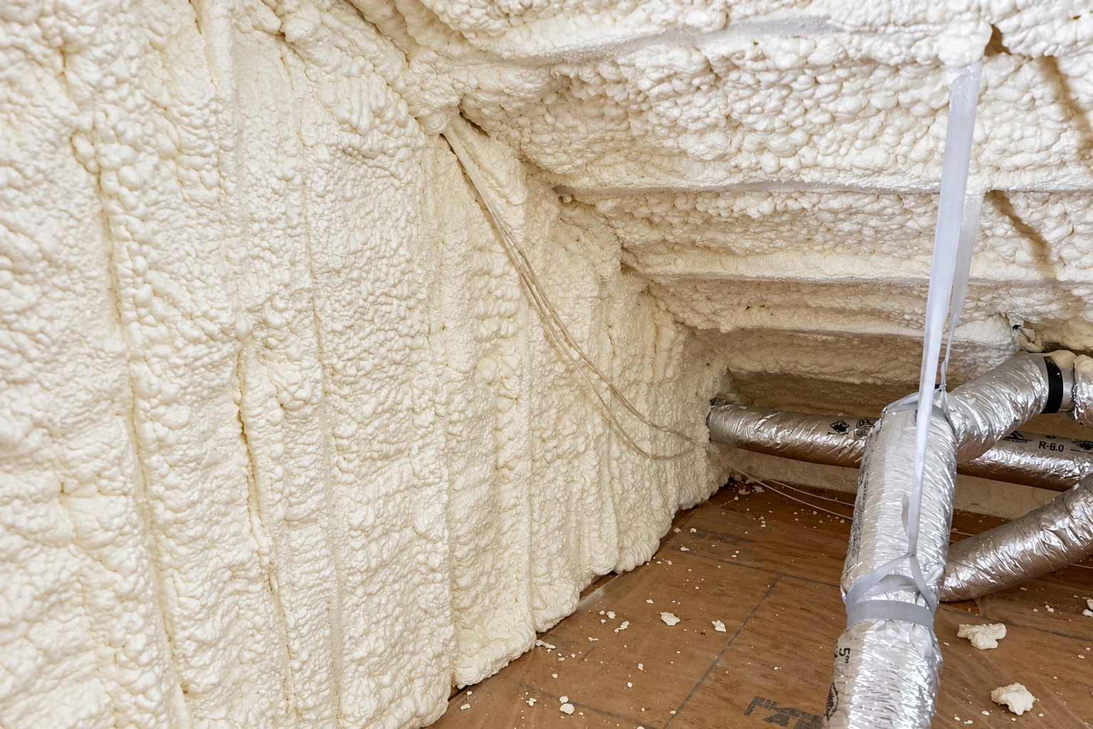Open-cell foam insulation coats the attic walls and rafters beside exposed ductwork and a wood floor.