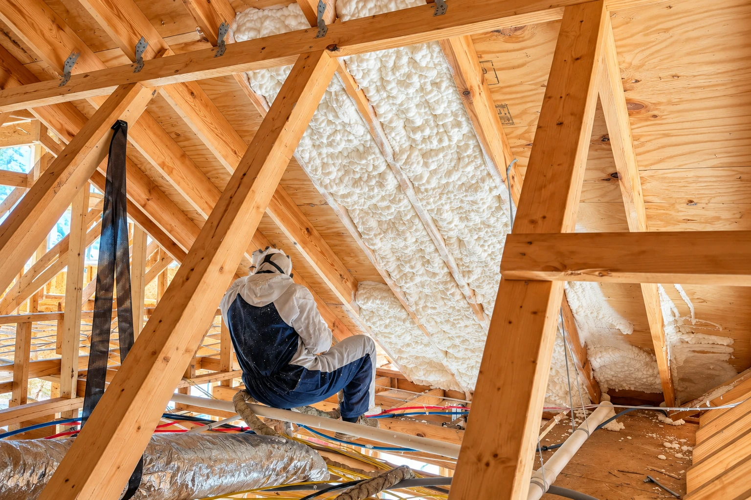 Worker applies white spray foam insulation to the underside of a roof in an exposed timber attic.