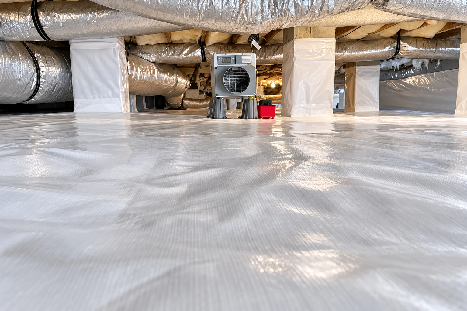 White vapor barrier covers a crawl space floor beneath wrapped support posts, with ducts and a ventilation unit overhead.