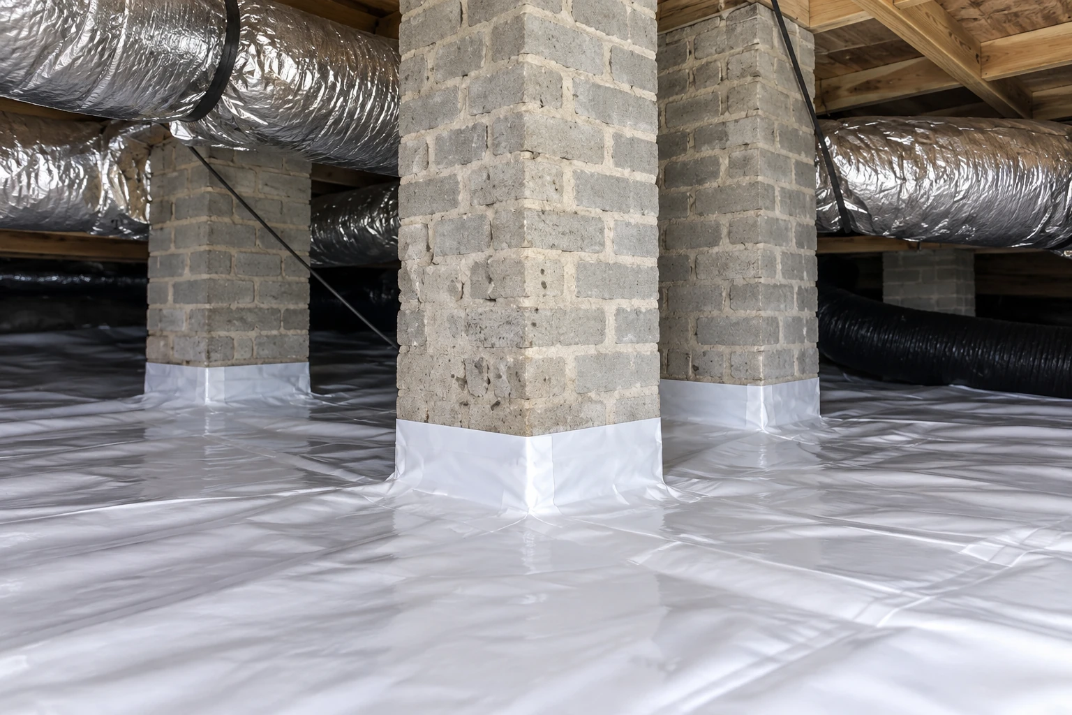 Crawl space vapor barrier covers the floor and wraps around masonry support piers beneath insulated ducts and wooden joists.